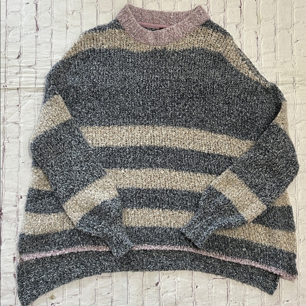 Free People BRB Striped Oversized Cozy Knit Tunic Sweater Side Slits Size Medium - Picture 2 of 9